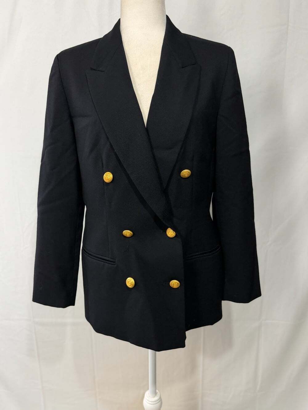 Pendleton Blazer Jacket Black Virgin Wool Double Breasted Gold Button Size 10